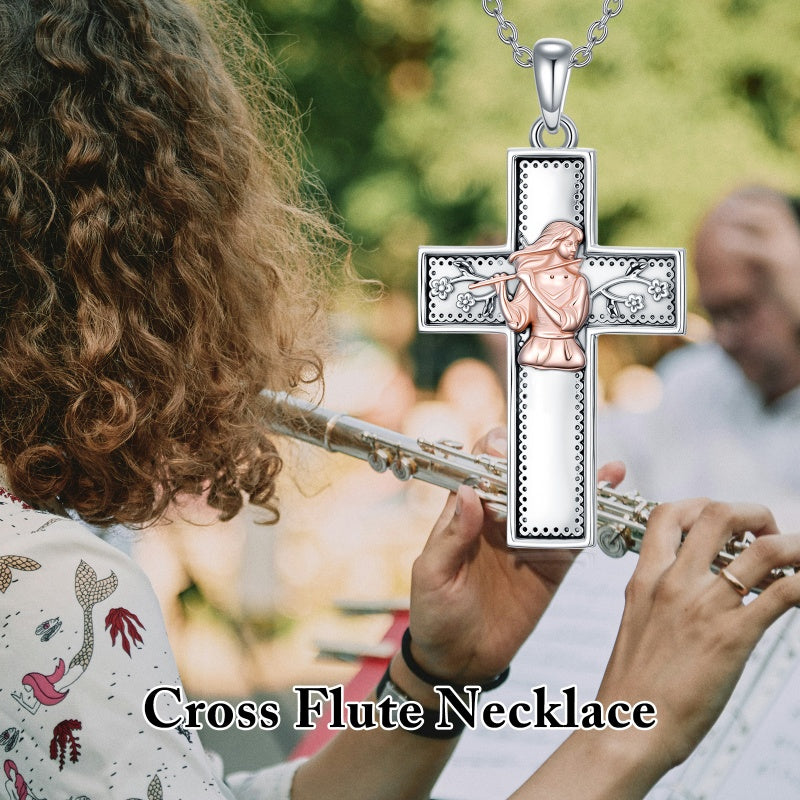 Sterling Silver Cross Flute Gymnastics Violin Piano Cello Pendant Necklace Cross Jewelry Birthday Christmas Gift