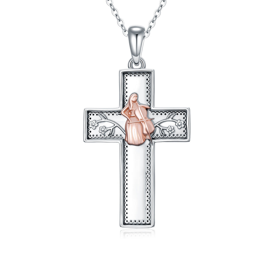 Sterling Silver Cross Flute Gymnastics Violin Piano Cello Pendant Necklace Cross Jewelry Birthday Christmas Gift