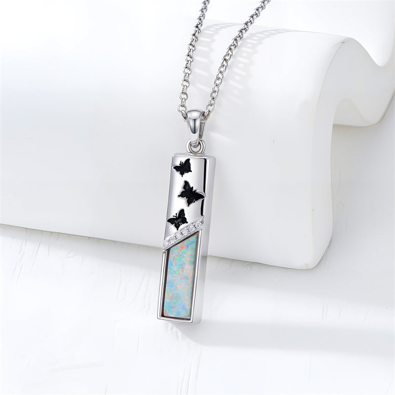 Sterling Silver  Opal Personalized Engraved Bar Pet  Butterfly Dragonfly Tree of Life  Urn Necklace for Ashes