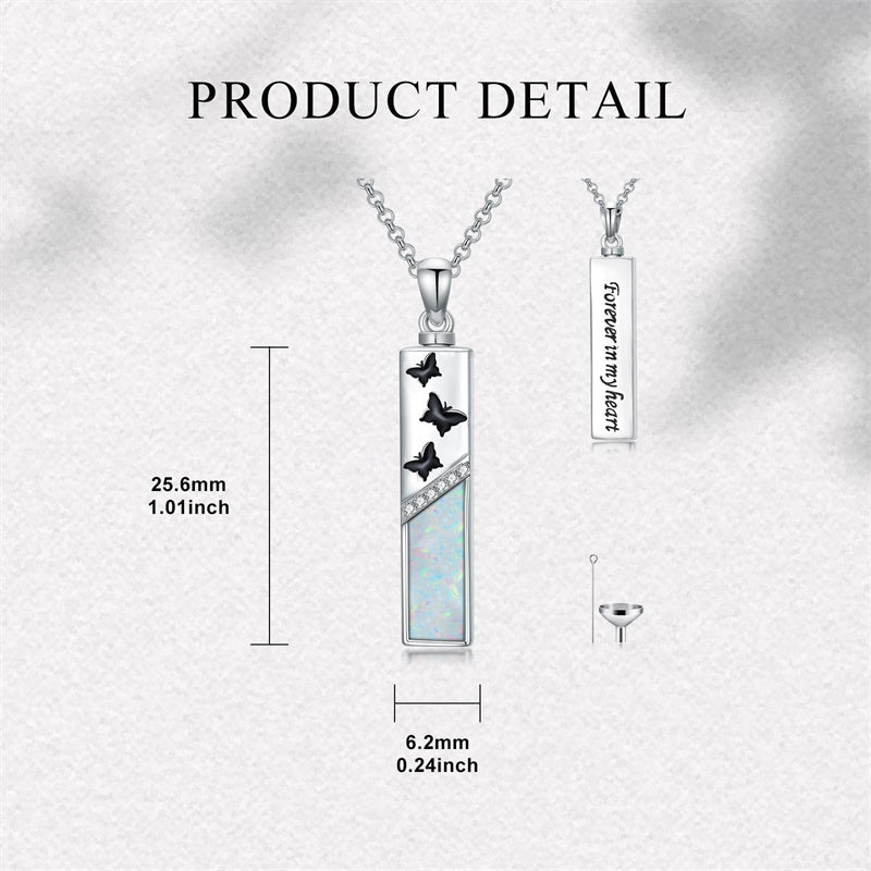 Sterling Silver  Opal Personalized Engraved Bar Pet  Butterfly Dragonfly Tree of Life  Urn Necklace for Ashes