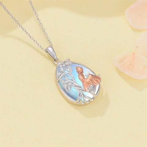 Sterling Silver Moonstone Tree of Life Art Book Pendant Necklace for Book Lover