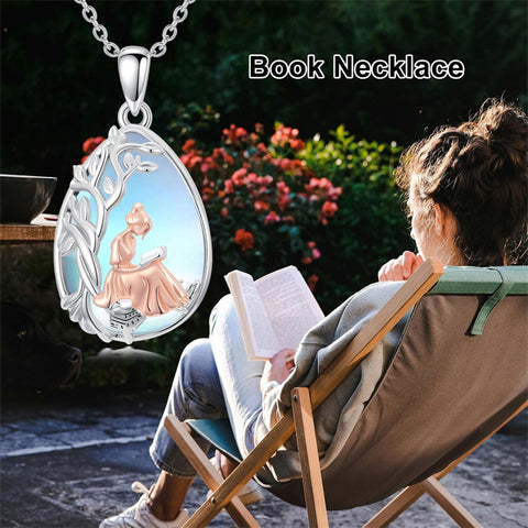 Sterling Silver Moonstone Tree of Life Art Book Pendant Necklace for Book Lover
