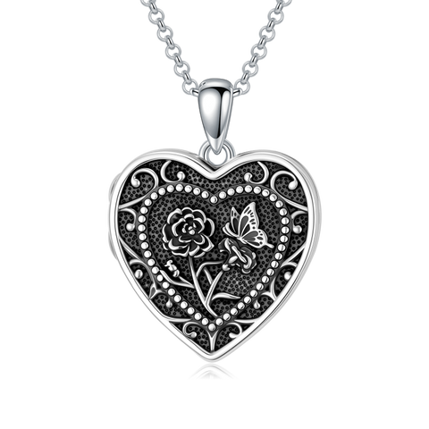 Sterling Silver Butterfly Heart Birth Flower Photo Locket Pendant Necklace for Women Birthday Christmas  Gifts