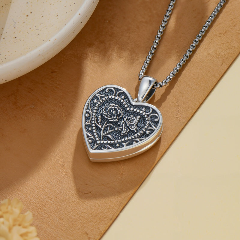 Sterling Silver Butterfly Heart Birth Flower Photo Locket Pendant Necklace for Women Birthday Christmas  Gifts