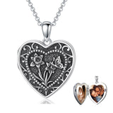 Sterling Silver Butterfly Heart Birth Flower Photo Locket Pendant Necklace for Women Birthday Christmas  Gifts