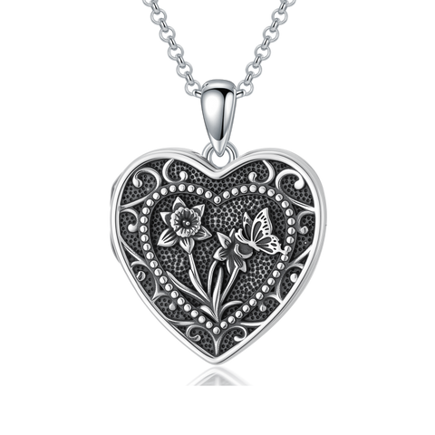 Sterling Silver Butterfly Heart Birth Flower Photo Locket Pendant Necklace for Women Birthday Christmas  Gifts
