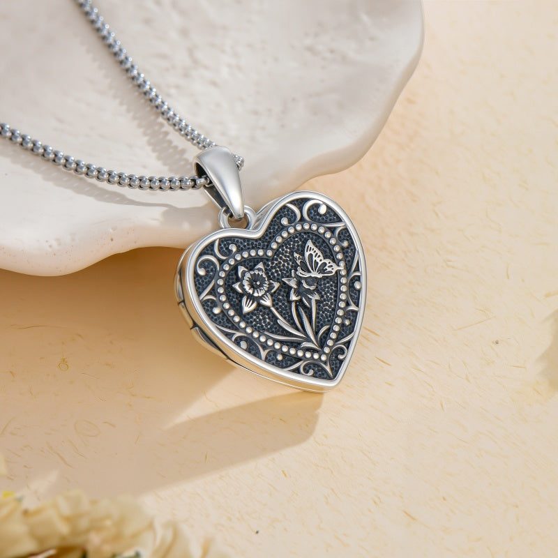 Sterling Silver Butterfly Heart Birth Flower Photo Locket Pendant Necklace for Women Birthday Christmas  Gifts