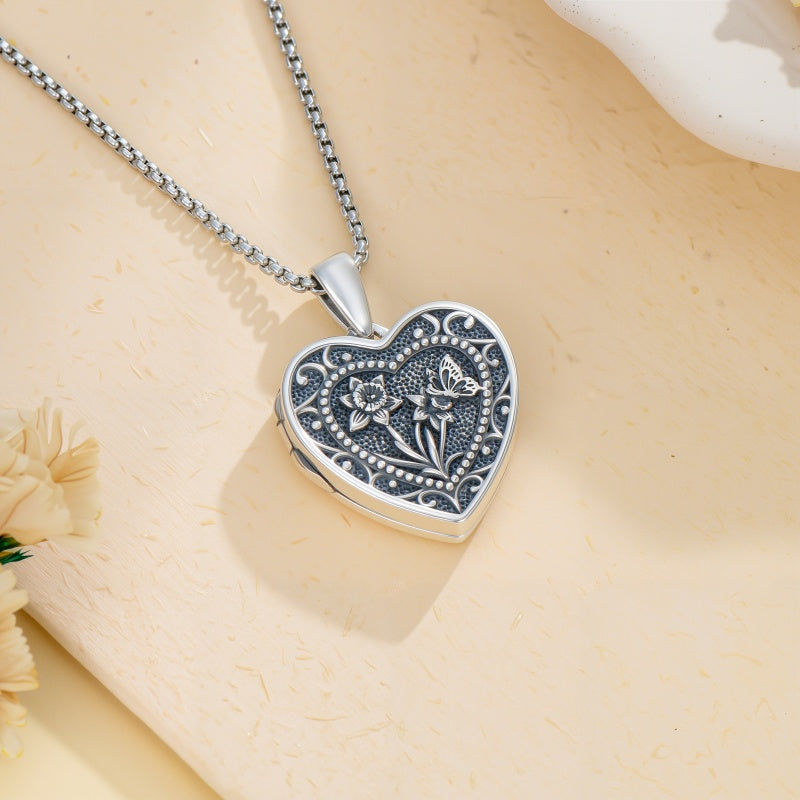 Sterling Silver Butterfly Heart Birth Flower Photo Locket Pendant Necklace for Women Birthday Christmas  Gifts