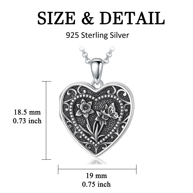 Sterling Silver Butterfly Heart Birth Flower Photo Locket Pendant Necklace for Women Birthday Christmas  Gifts