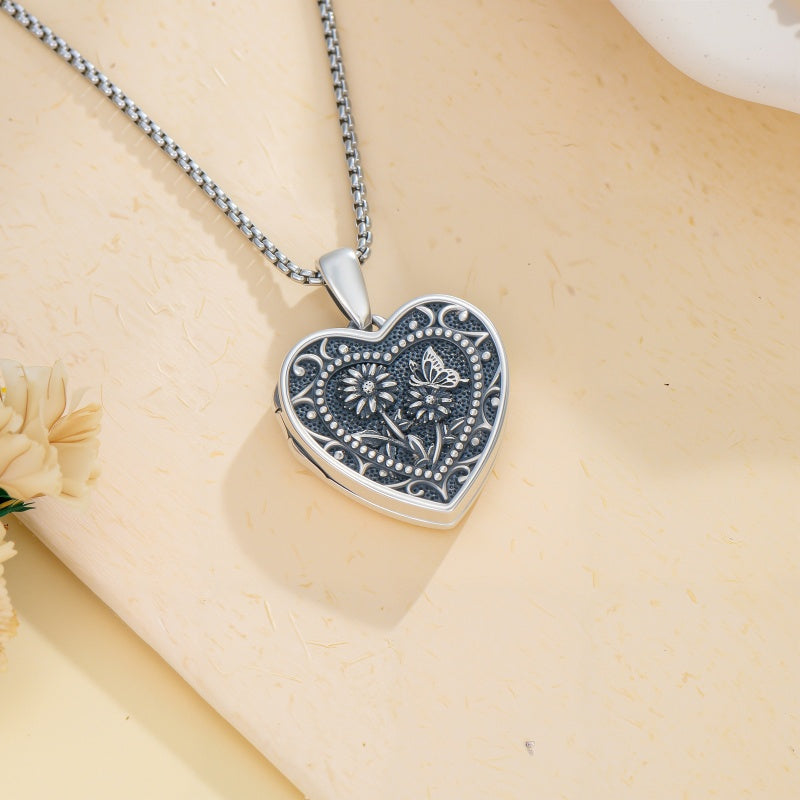 Sterling Silver Butterfly Heart Birth Flower Photo Locket Pendant Necklace for Women Birthday Christmas  Gifts