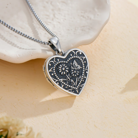 Sterling Silver Butterfly Heart Birth Flower Photo Locket Pendant Necklace for Women Birthday Christmas  Gifts