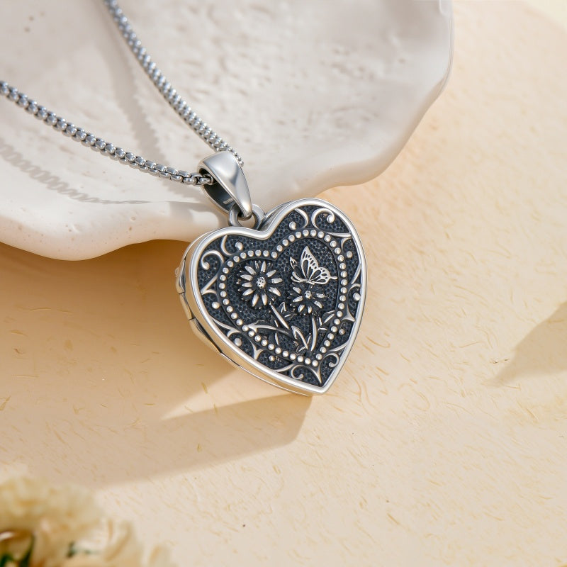 Sterling Silver Butterfly Heart Birth Flower Photo Locket Pendant Necklace for Women Birthday Christmas  Gifts