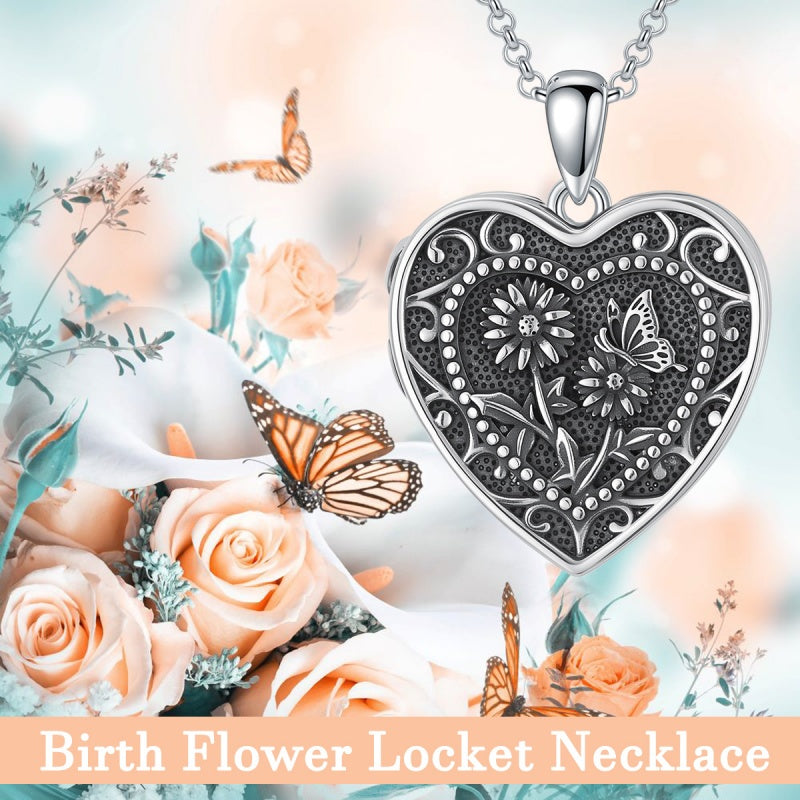 Sterling Silver Butterfly Heart Birth Flower Photo Locket Pendant Necklace for Women Birthday Christmas  Gifts