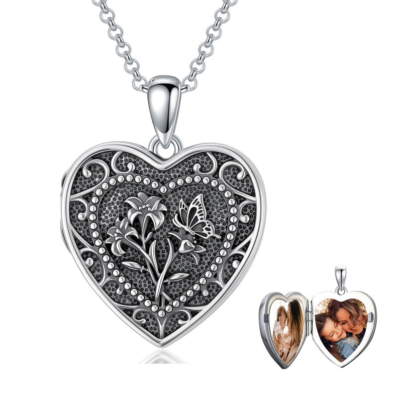 Sterling Silver Butterfly Heart Birth Flower Photo Locket Pendant Necklace for Women Birthday Christmas  Gifts