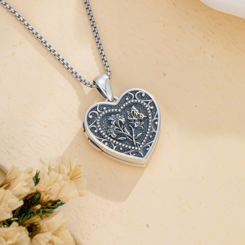 Sterling Silver Butterfly Heart Birth Flower Photo Locket Pendant Necklace for Women Birthday Christmas  Gifts