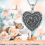 Sterling Silver Butterfly Heart Birth Flower Photo Locket Pendant Necklace for Women Birthday Christmas  Gifts