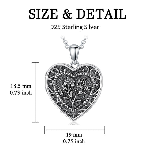 Sterling Silver Butterfly Heart Birth Flower Photo Locket Pendant Necklace for Women Birthday Christmas  Gifts