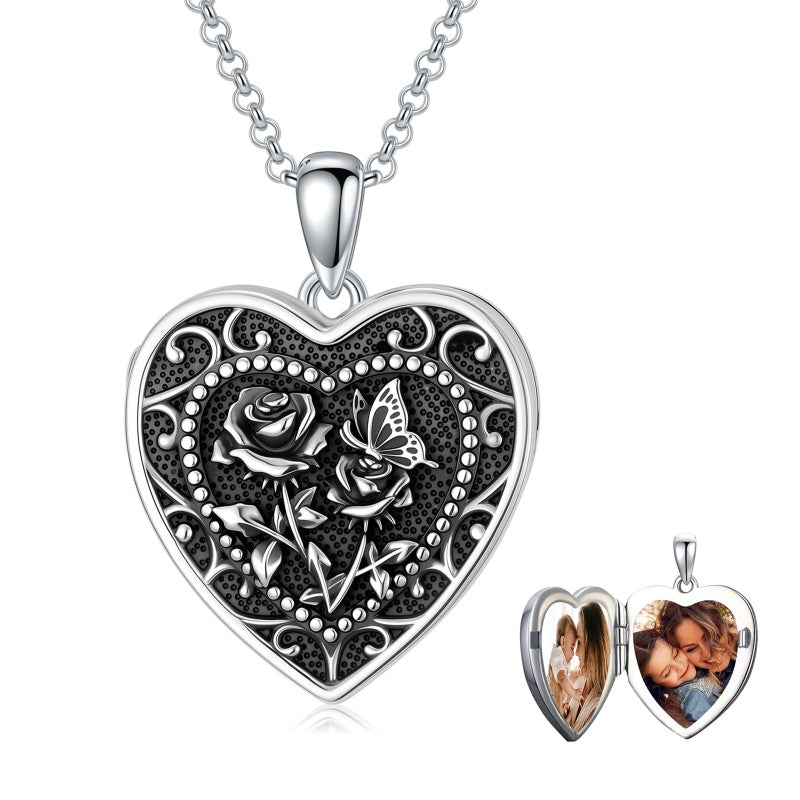 Sterling Silver Butterfly Heart Birth Flower Photo Locket Pendant Necklace for Women Birthday Christmas  Gifts