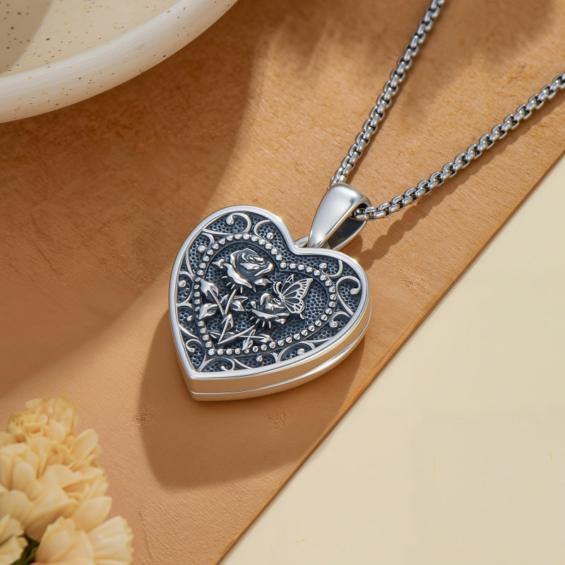 Sterling Silver Butterfly Heart Birth Flower Photo Locket Pendant Necklace for Women Birthday Christmas  Gifts