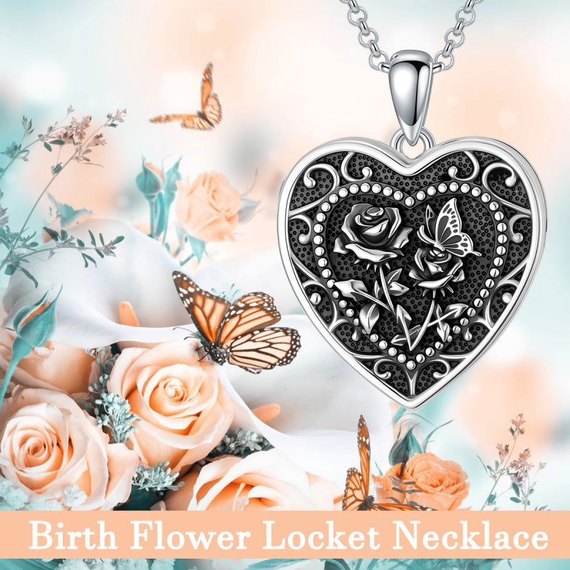 Sterling Silver Butterfly Heart Birth Flower Photo Locket Pendant Necklace for Women Birthday Christmas  Gifts