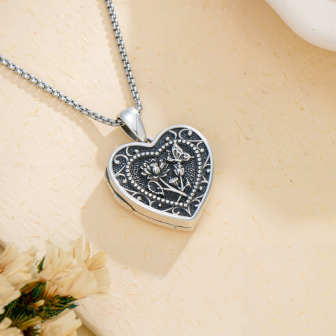 Sterling Silver Butterfly Heart Birth Flower Photo Locket Pendant Necklace for Women Birthday Christmas  Gifts