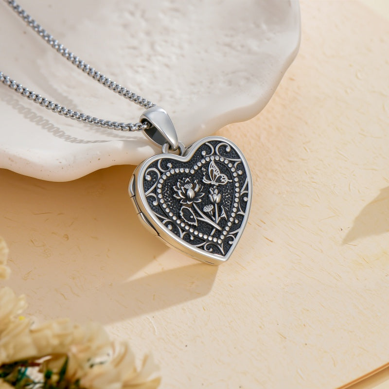 Sterling Silver Butterfly Heart Birth Flower Photo Locket Pendant Necklace for Women Birthday Christmas  Gifts