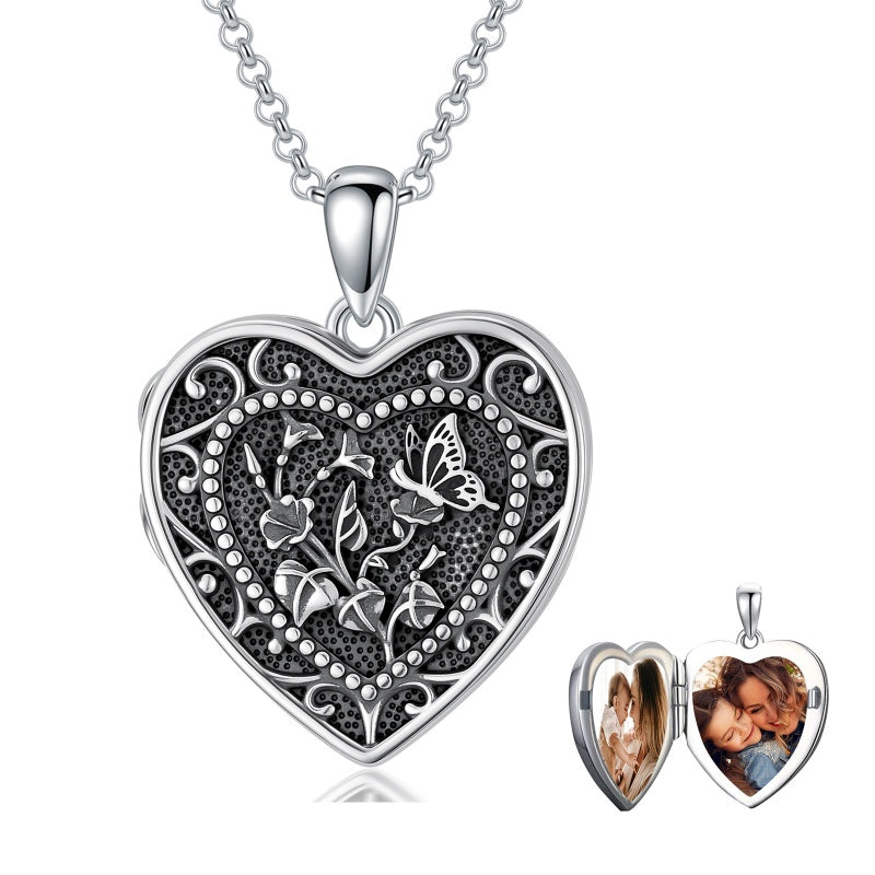 Sterling Silver Butterfly Heart Birth Flower Photo Locket Pendant Necklace for Women Birthday Christmas  Gifts