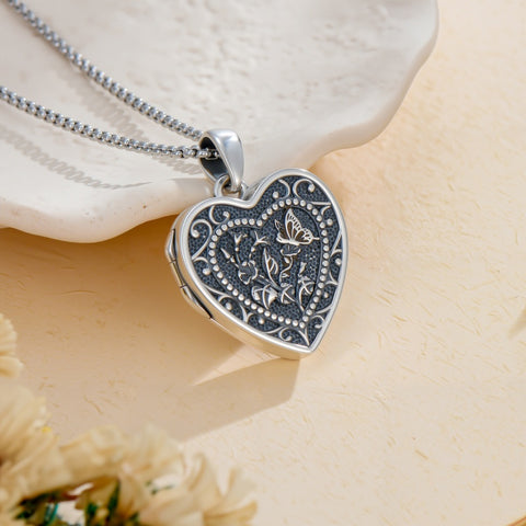 Sterling Silver Butterfly Heart Birth Flower Photo Locket Pendant Necklace for Women Birthday Christmas  Gifts