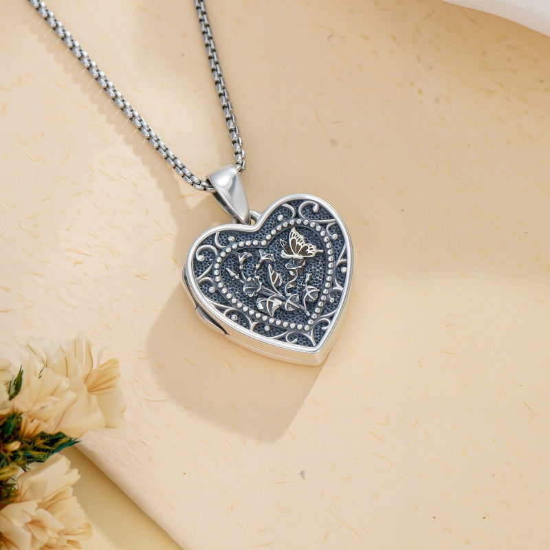 Sterling Silver Butterfly Heart Birth Flower Photo Locket Pendant Necklace for Women Birthday Christmas  Gifts