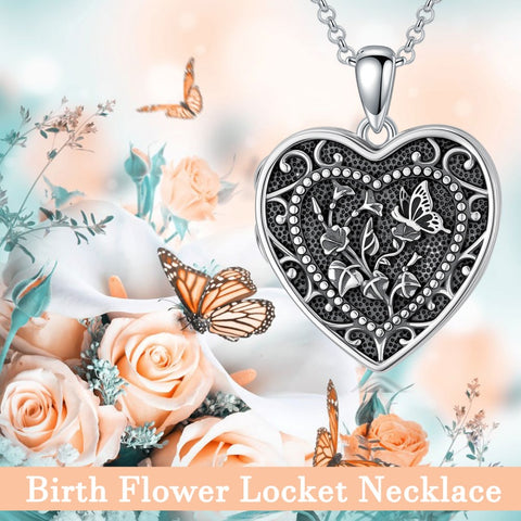 Sterling Silver Butterfly Heart Birth Flower Photo Locket Pendant Necklace for Women Birthday Christmas  Gifts