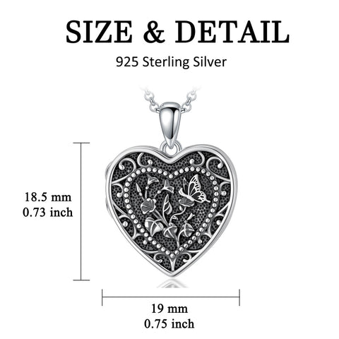 Sterling Silver Butterfly Heart Birth Flower Photo Locket Pendant Necklace for Women Birthday Christmas  Gifts