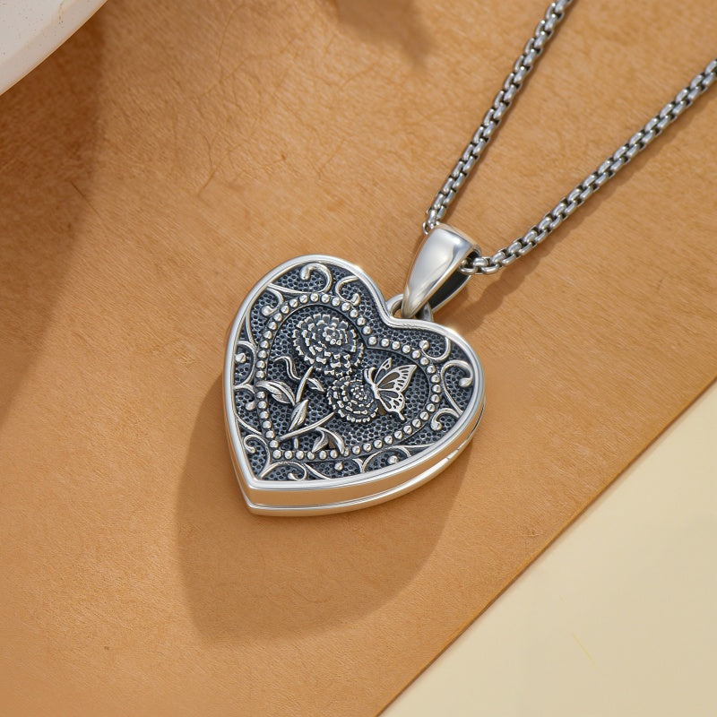 Sterling Silver Butterfly Heart Birth Flower Photo Locket Pendant Necklace for Women Birthday Christmas  Gifts