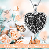 Sterling Silver Butterfly Heart Birth Flower Photo Locket Pendant Necklace for Women Birthday Christmas  Gifts