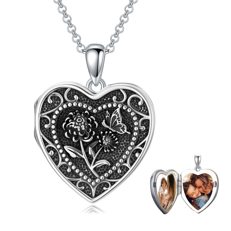 Sterling Silver Butterfly Heart Birth Flower Photo Locket Pendant Necklace for Women Birthday Christmas  Gifts