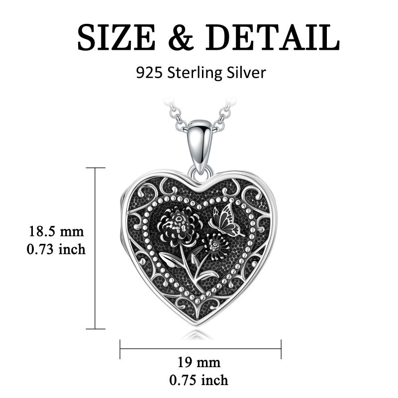 Sterling Silver Butterfly Heart Birth Flower Photo Locket Pendant Necklace for Women Birthday Christmas  Gifts