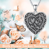 Sterling Silver Butterfly Heart Birth Flower Photo Locket Pendant Necklace for Women Birthday Christmas  Gifts