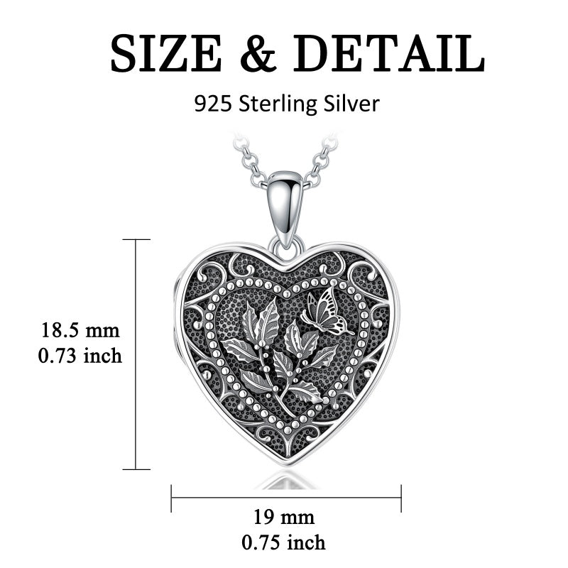 Sterling Silver Butterfly Heart Birth Flower Photo Locket Pendant Necklace for Women Birthday Christmas  Gifts