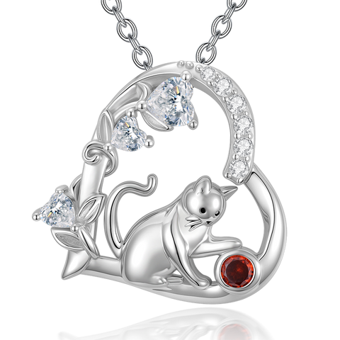 Sterling Silver 12 Month Birthstone Cat Pendant Necklace Gifts for Cat Lovers