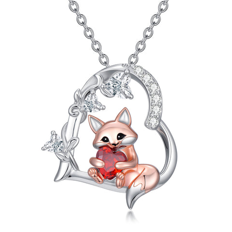 Sterling Silver Heart Birthstone Fox Pendant Necklace
