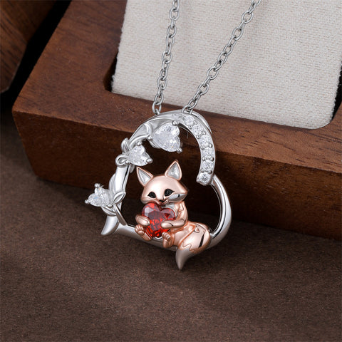 Sterling Silver Heart Birthstone Fox Pendant Necklace