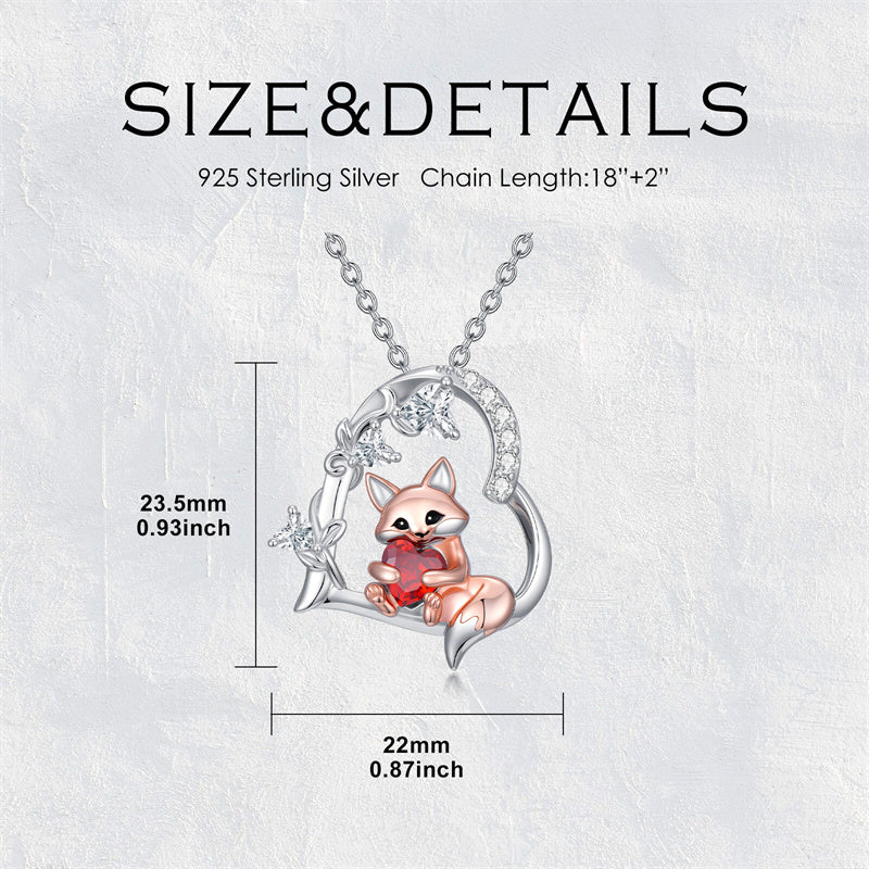 Sterling Silver Heart Birthstone Fox Pendant Necklace