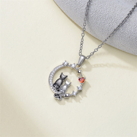 Sterling Silver Cubic Zirconia Two Cats Pendant Necklace