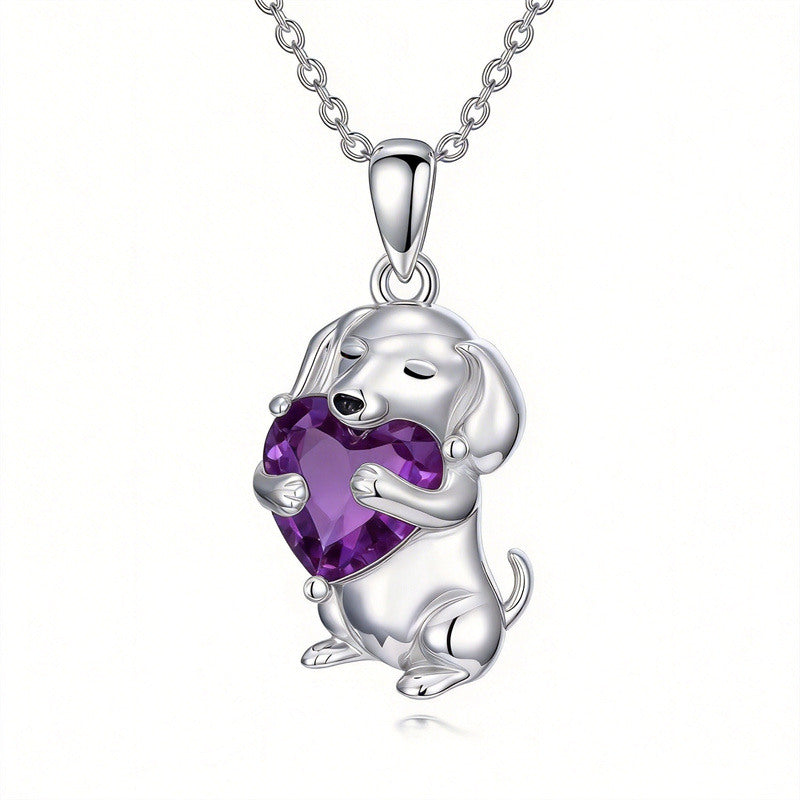Sterling Silver 12 Month Birthstone Dachshund Pendant Necklace for Women