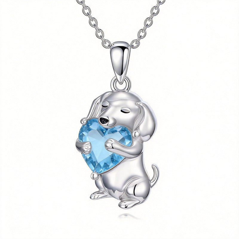 Sterling Silver 12 Month Birthstone Dachshund Pendant Necklace for Women