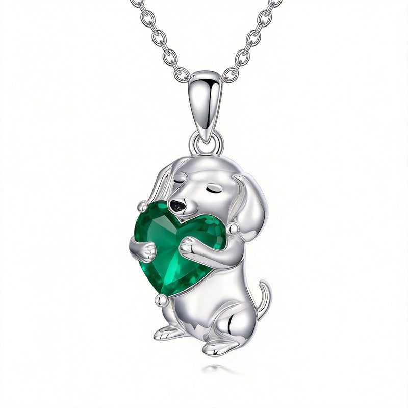Sterling Silver 12 Month Birthstone Dachshund Pendant Necklace for Women