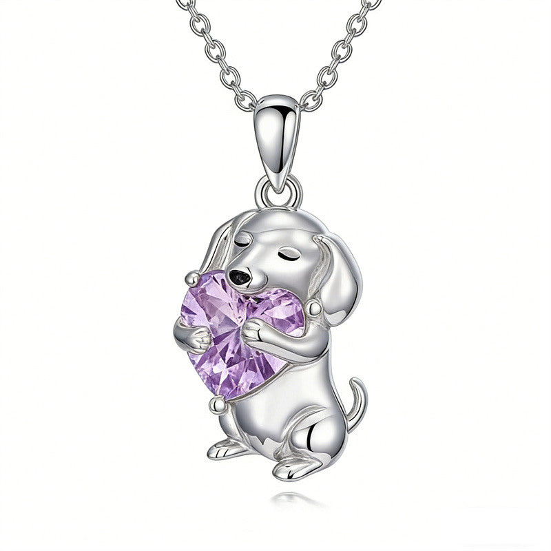 Sterling Silver 12 Month Birthstone Dachshund Pendant Necklace for Women