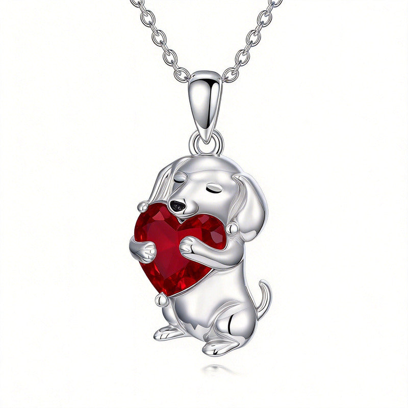 Sterling Silver 12 Month Birthstone Dachshund Pendant Necklace for Women