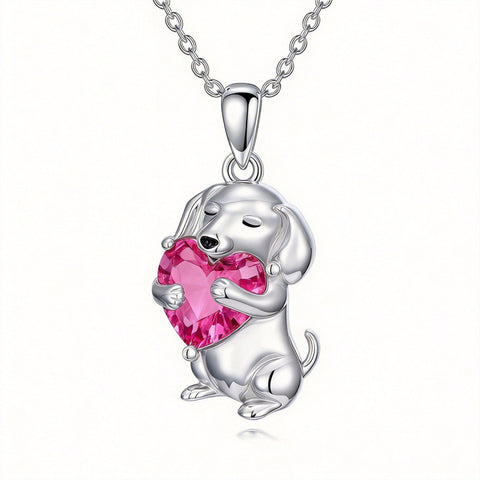 Sterling Silver 12 Month Birthstone Dachshund Pendant Necklace for Women