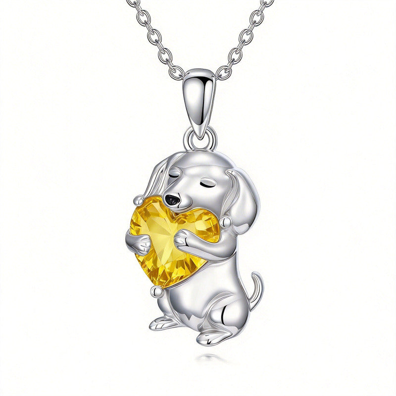 Sterling Silver 12 Month Birthstone Dachshund Pendant Necklace for Women