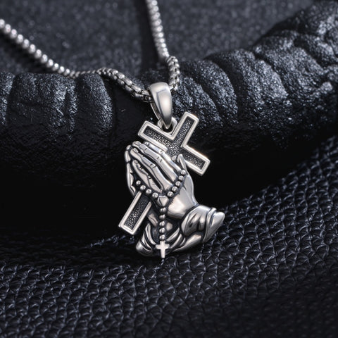 Sterling Silver Praying Hands Angel Sword Wing Cross Pendant Necklace Religious Gifts for Men